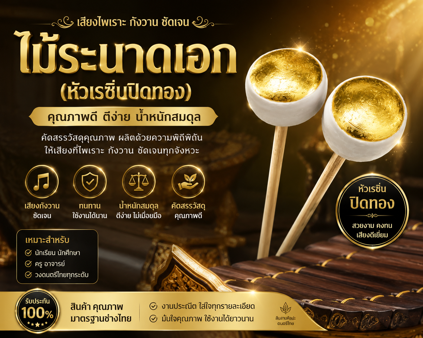 ไม้ระนาดเอก หัวเรซิ่นปิดทอง